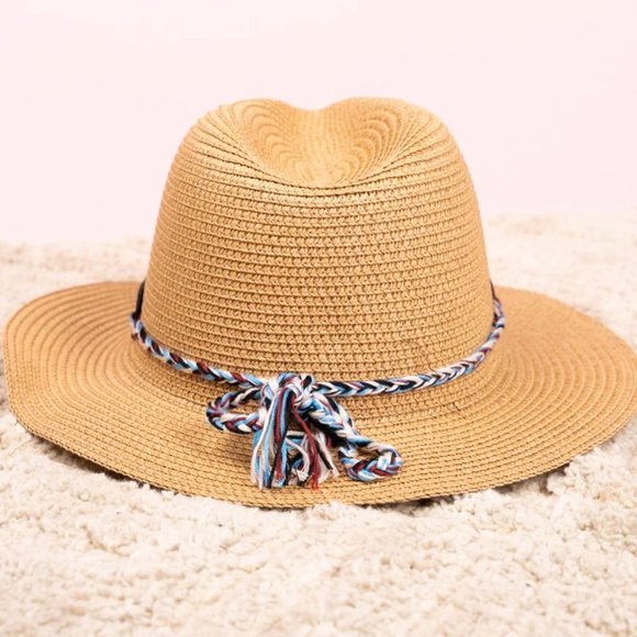 Tan Straw Sun Hat. Faux Leather Band. Turquoise/Multi Color Stones. - Picture 3 of 3